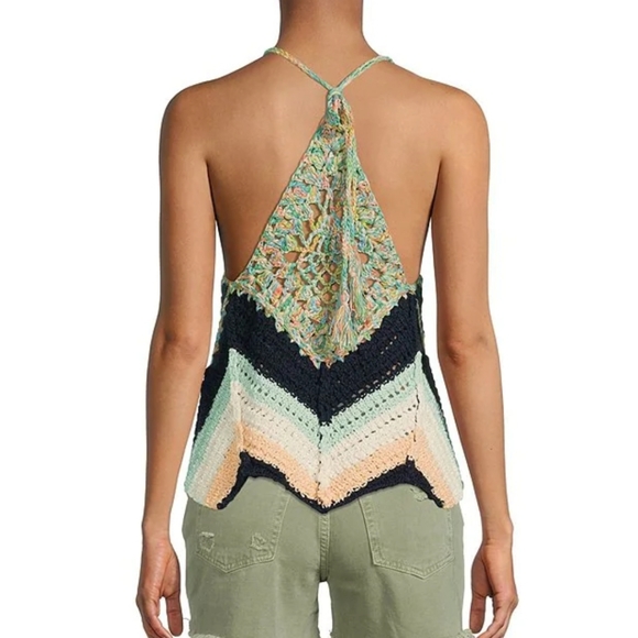 Free People Swim Up V-Neck Sleeveless Back Detail Tie Chevron Crochet Ta… - Picture 8 of 11